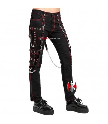 Women Gothic Pants | Punk Fashion Black Trousers with Red Thread Stitching